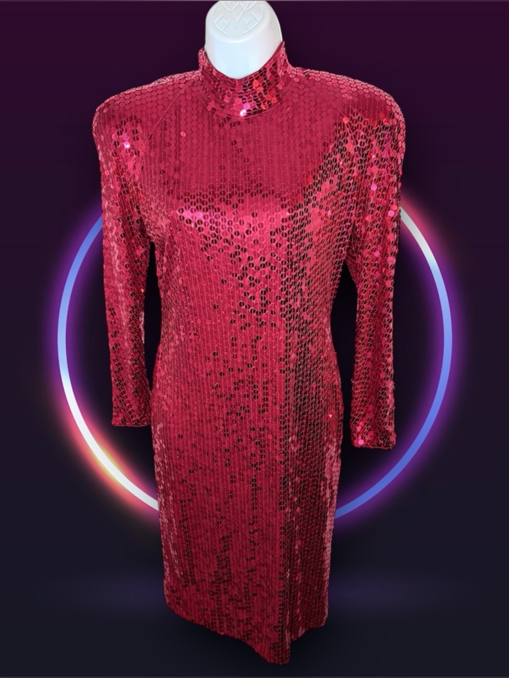 Oleg Cassini Red Pink Mock-Neck Backless Sheath Vintage 80s Sequin Prom Dress 8
